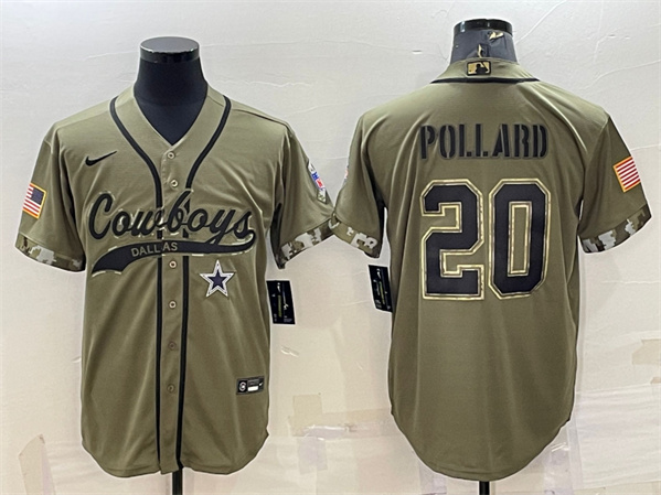Men's Dallas Cowboys #20 Tony Pollard Olive 2022 Salute to Service Cool Base Stitched Baseball Jersey